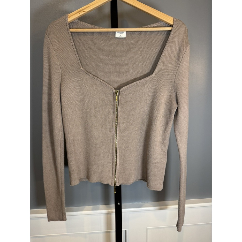Abercrombie & Fitch Womens L Taupe Square Neck Full Zip Cardigan Sweater